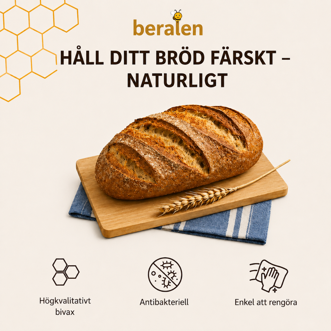 Premium Beralen-påsar av bivax och 100 % bomull — tvättbara, naturliga och utformade för att hålla ditt bröd färskt längre.