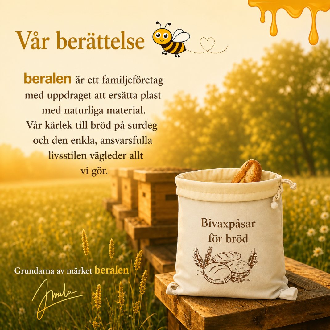 Premium Beralen-påsar av bivax och 100 % bomull — tvättbara, naturliga och utformade för att hålla ditt bröd färskt längre.