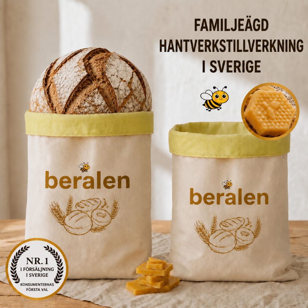 Premium Beralen-påsar av bivax och 100 % bomull — tvättbara, naturliga och utformade för att hålla ditt bröd färskt längre.